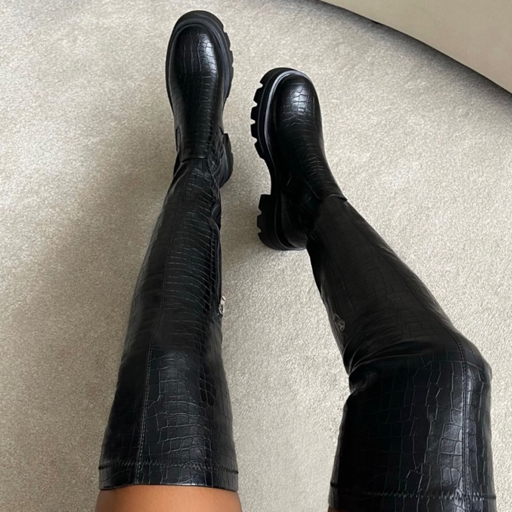 CROC PRINT CHUNKY THIGH HIGH BOOTS